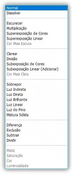 Modos de mesclagem com o modo tons de cinza.