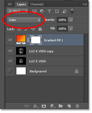 Alterando o modo de mesclagem da camada de preenchimento Gradiente para Cor