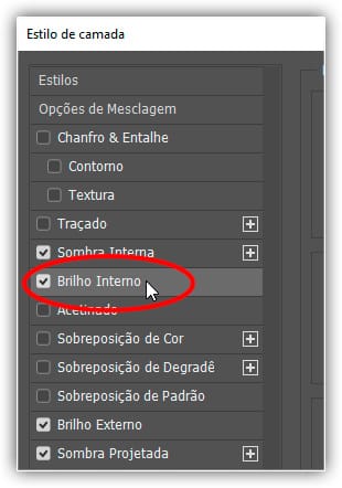 Clique diretamente nas palavras “Brilho Interno” no menu à esquerda da caixa de diálogo Estilo de Camada.