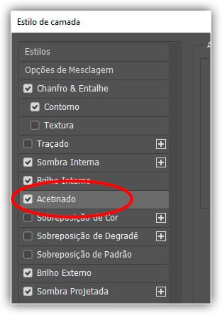 Clique diretamente na palavra “Acetinado” no menu à esquerda da caixa de diálogo Estilo de Camada.