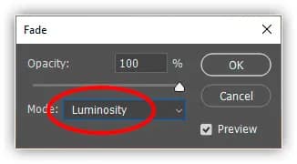 Altere o modo de mesclagem na caixa de diálogo Fade para Luminosity.