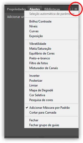 Visualização da lista de camadas de ajuste no menu do painel.