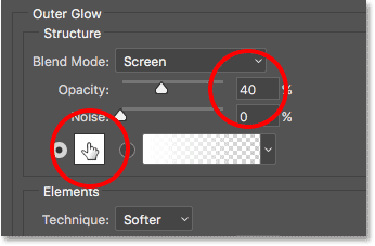 Configurando a opacidade e alterando a cor do Outer Glow.