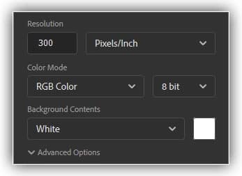Configurando o valor de resolução para o novo documento do Photoshop