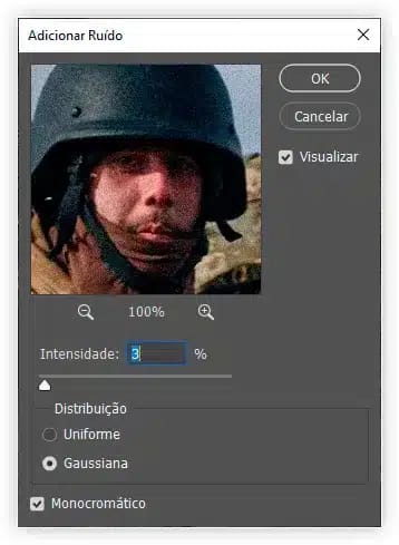 As configurações do filtro Adicionar ruído.