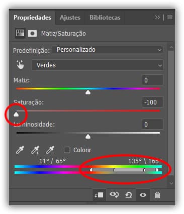 Opções do matiz e saturação.
