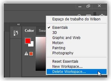 Escolhendo o comando "Excluir espaço de trabalho".