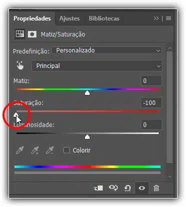 Arrastando o controle deslizante Saturação para remover a cor.