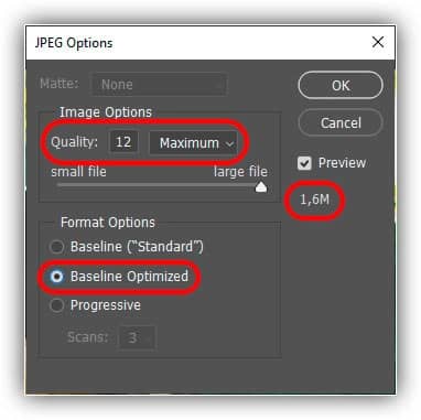 Escolhendo as opções JPEG da mais alta qualidade.