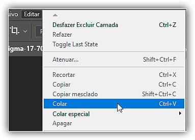 No Photoshop, vá em Editar > Colar.