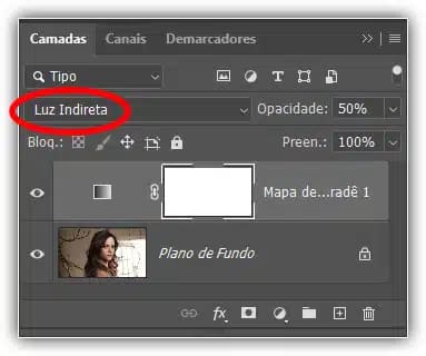 Alterando o modo de mesclagem do mapa de gradiente para Luz Indireta.