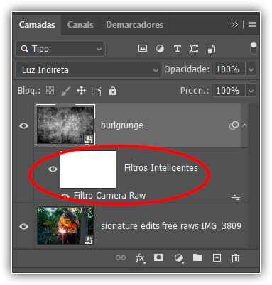 Os filtros inteligentes estão listados abaixo do objeto inteligente.
