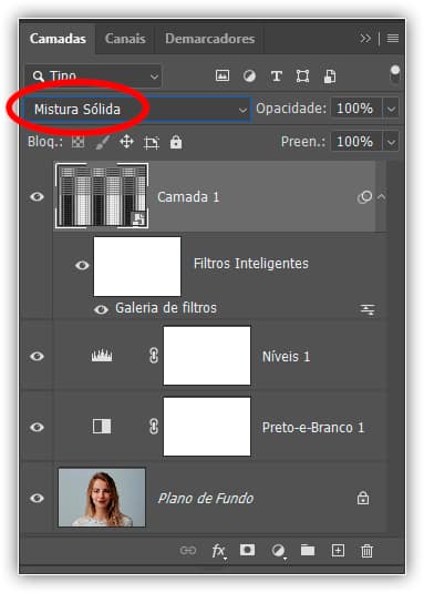 Alterando o modo de mesclagem para Mistura Sólida.