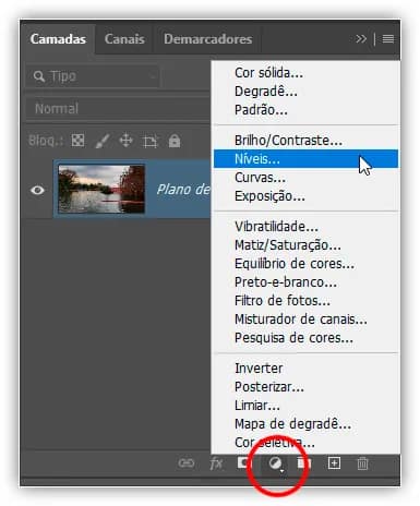 Selecionando uma camada de ajuste de Níveis na parte inferior da paleta Camadas.