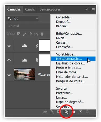 Escolhendo Matiz/Saturação na lista de camadas de ajuste.