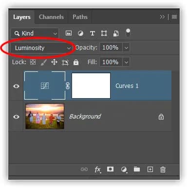 Alterando o modo de mesclagem da camada de ajuste de Curvas para Luminosidade.