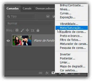 Selecionando Matiz/Saturação.