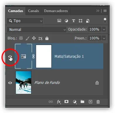 Ativar e desativar a camada de ajuste com o ícone de visibilidade.