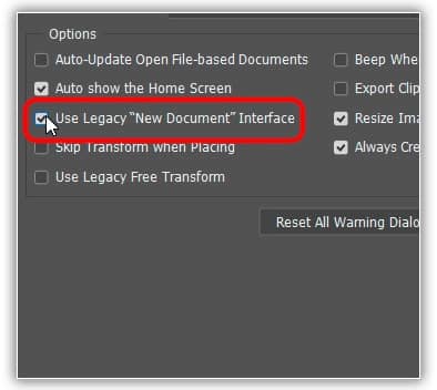 Ativando a opção 'Usar interface "Novo documento" herdada'.