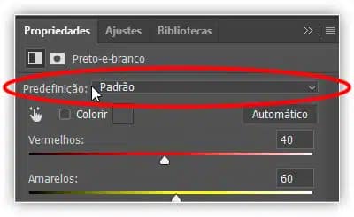 A opção Predefinição no painel Propriedades.