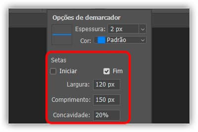 As opções de ponta de seta para a ferramenta Linha.
