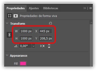 Os valores de Largura, Altura e X, Y.