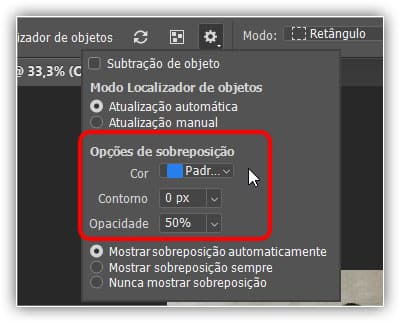 As opções para a sobreposição de objetos.