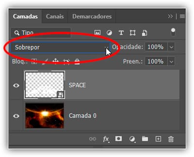 Alterando o modo de mesclagem para Sobreposição.