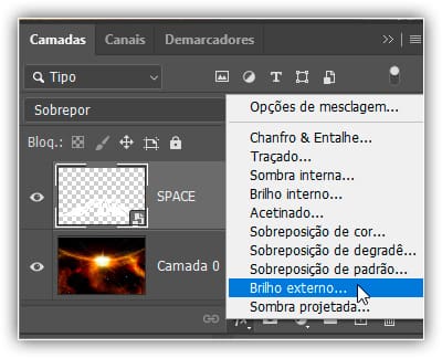 Escolhendo um estilo de camada Brilho Externo.