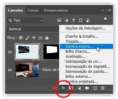 Clique no ícone " Estilos de camada" na parte inferior da paleta Camadas e selecione "Sombra Interna" na lista.