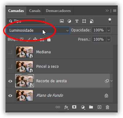 Alterando o modo de mesclar para Luminosidade.
