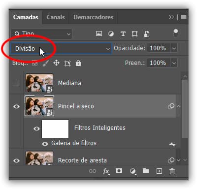 Alterando o modo de mesclar do objeto inteligente "Pincel a seco" para Divisão.