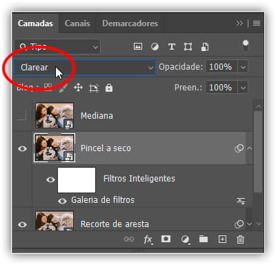 Mudando de Divisão para o modo de mesclar Clarear.