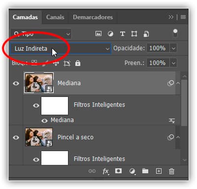 Alterando o modo de mesclar para Luz Indireta.