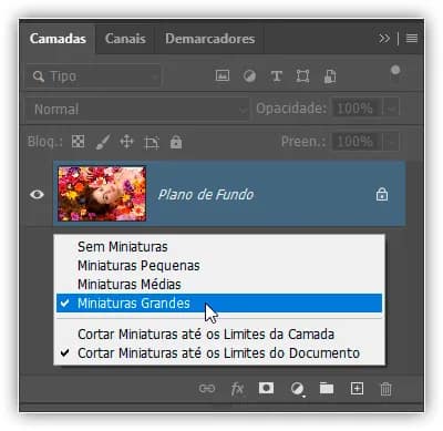 Clique com o botão direito do mouse (Win) / clique com a tecla Control pressionada (Mac) abaixo da camada Plano de fundo para alterar o tamanho da miniatura.