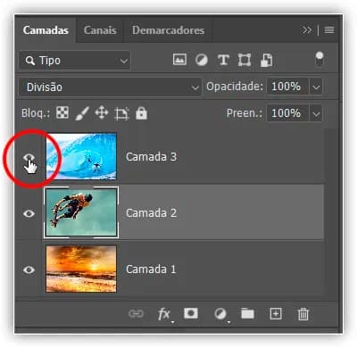 Clicando no ícone de visibilidade para a Camada 3.