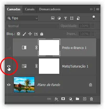 Desativando a camada de ajuste Preto e Branco e, em seguida, ativando a camada de ajuste Matiz/Saturação.