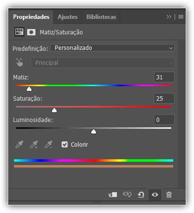 Selecione "Colorir" e selecione uma cor com o controle deslizante Matiz.