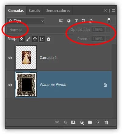 As opções Blend Mode, Opacity e Fill não estão disponíveis com a camada Background.