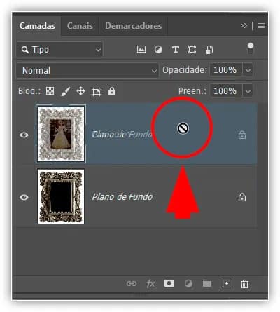 O círculo com a linha diagonal através dele me diz que não posso arrastar a camada Background acima da Layer 1.