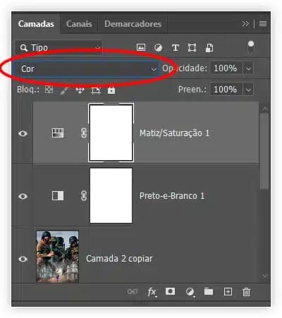 Alterando o modo de mesclagem para Cor.