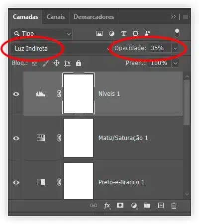 Alterando o modo de mesclagem para Luz Indireta.