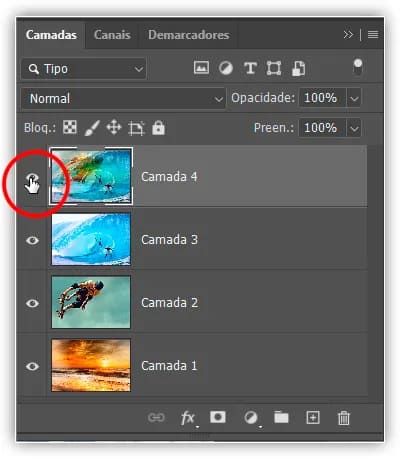 Ativando as outras camadas novamente pressionando Alt/Option e clicando no ícone de visibilidade da Camada 4.