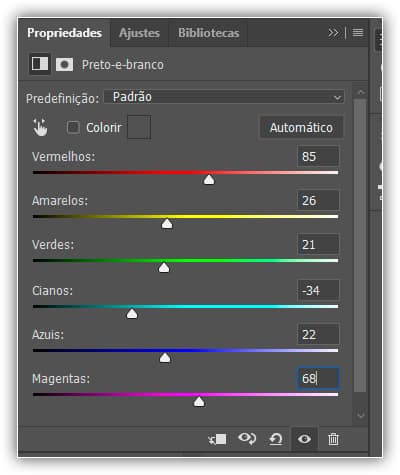 Arrastando os controles deslizantes de cores para ajustar as áreas em preto e branco.