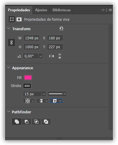 As propriedades Forma Viva da ferramenta Ellipse.