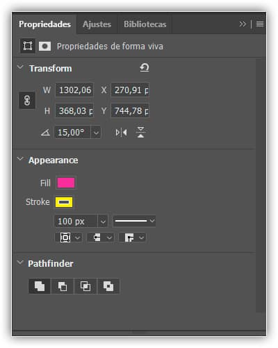As opções da ferramenta Linha no painel Propriedades.