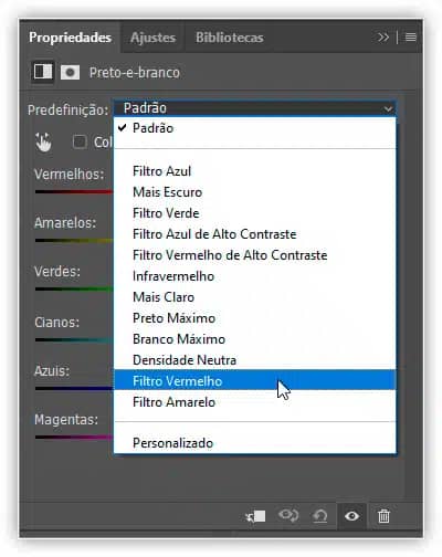 Escolhendo a predefinição do Filtro Vermelho.