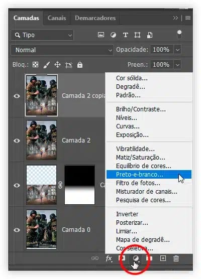 Adicionando uma nova camada de preenchimento ou ajuste.