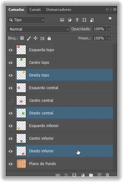 Selecionando as camadas Superior Direita, Meio Direita e Inferior Direita.