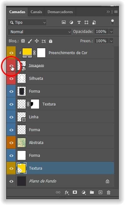 Clique no ícone de visibilidade (globo ocular) para ativar ou desativar uma camada.